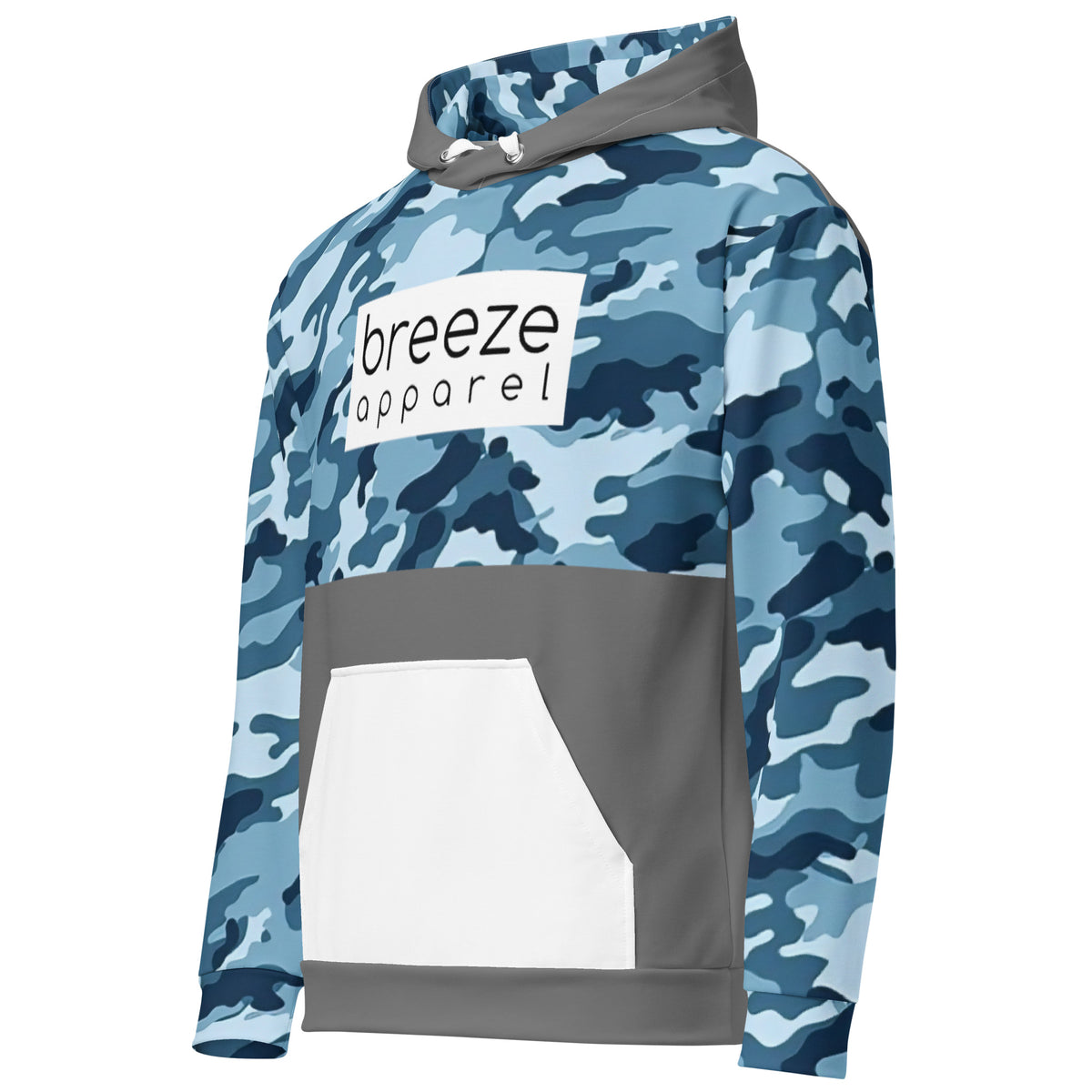Hoodie with a navy-blue camouflage pattern on upper half, sleeves and hood interior, with a white pocket, white drawstrings tucked inside, and a 'breeze apparel' logo consisting of black wording set in a white rectangle across the chest. Behind pocket and on outside of hood is dark gray.