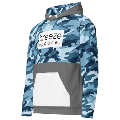 Hoodie with a navy-blue camouflage pattern on upper half, sleeves and hood interior, with a white pocket, white drawstrings tucked inside, and a 'breeze apparel' logo consisting of black wording set in a white rectangle across the chest. Behind pocket and on outside of hood is dark gray.