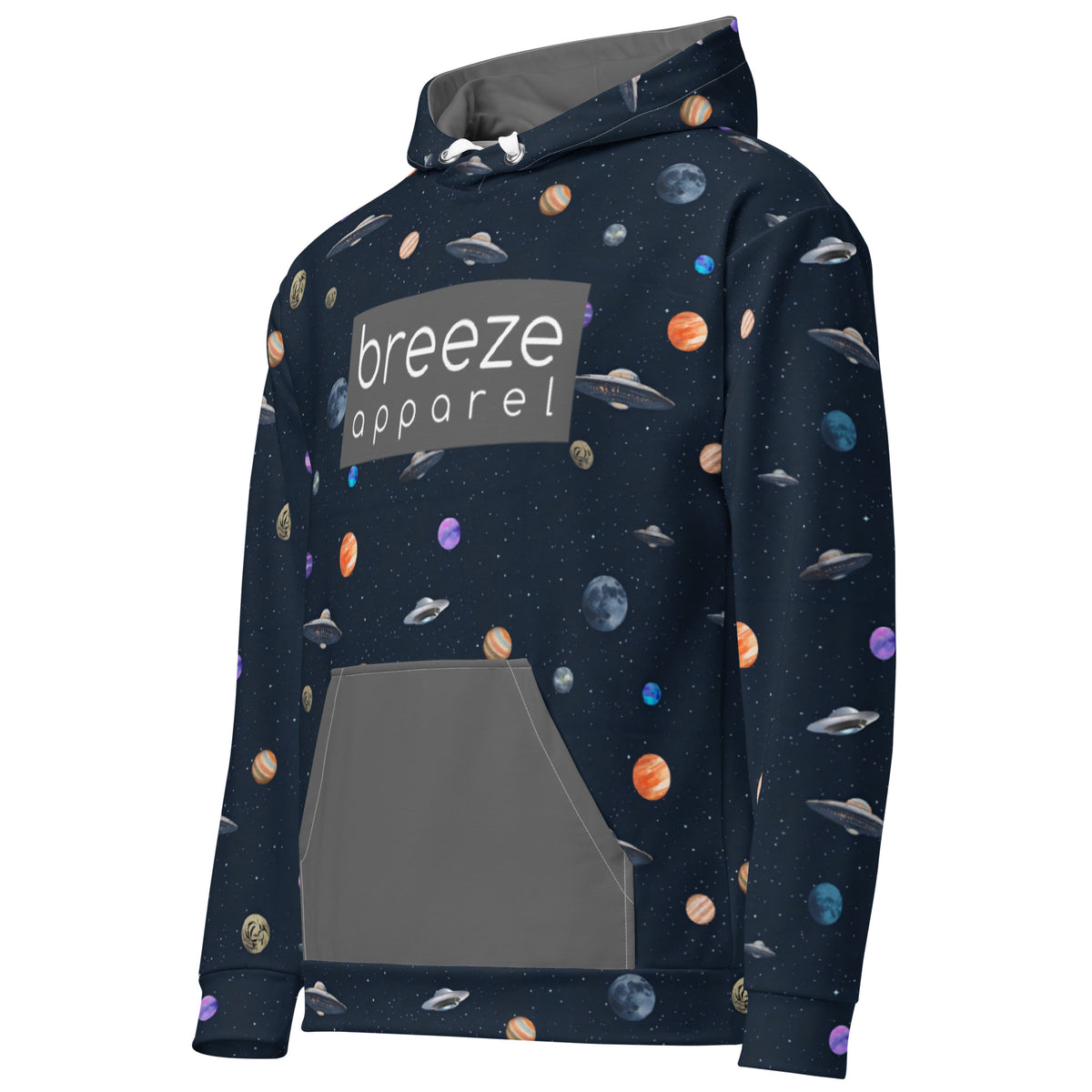 Hoodie with pattern of UFOs and planets in space. Chest is overlaid with gray, rectangular logo with white lettering; hood interior and pocket are gray.