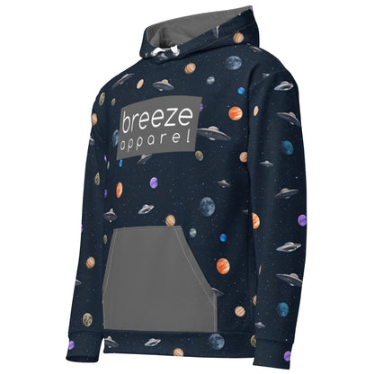 Hoodie with pattern of UFOs and planets in space. Chest is overlaid with gray, rectangular logo with white lettering; hood interior and pocket are gray.