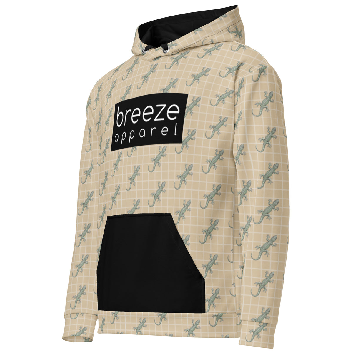 Beige hoodie with pattern of green geckos and black, rectangular logo with white lettering across chest. Hood interior, drawstrings, and pocket are black.