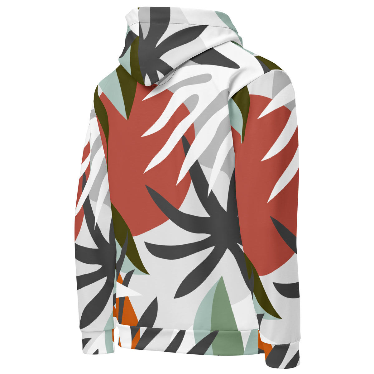 Back of hoodie with a red, black, green, orange, and white floral-geometric design, with a black pocket, black drawstrings tucked inside, and a 'breeze apparel' logo  consisting of white wording set in a black rectangle across the chest.