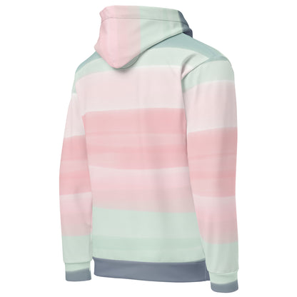 Rear view of hoodie with colors light pastel green, shades of pink, and gray in stripes.