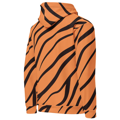 Backside of hoodie with a tiger-print design