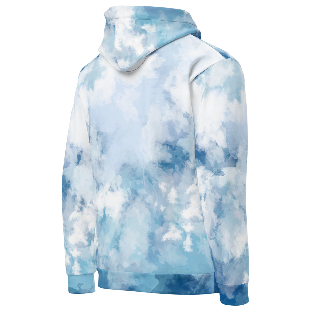 Backside of hoodie with a blue watercolor-style design.