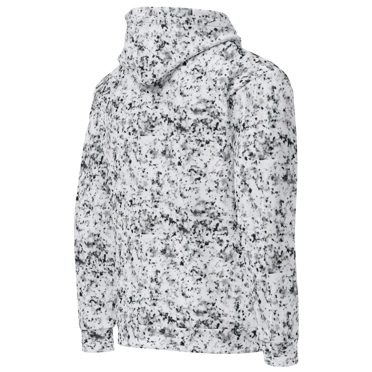 Backside of white hoodie with black splotches, resembling a marble countertop.