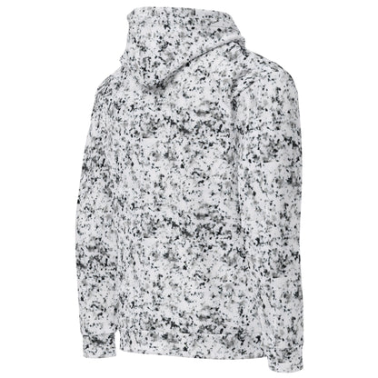 Backside of white hoodie with black splotches, resembling a marble countertop.