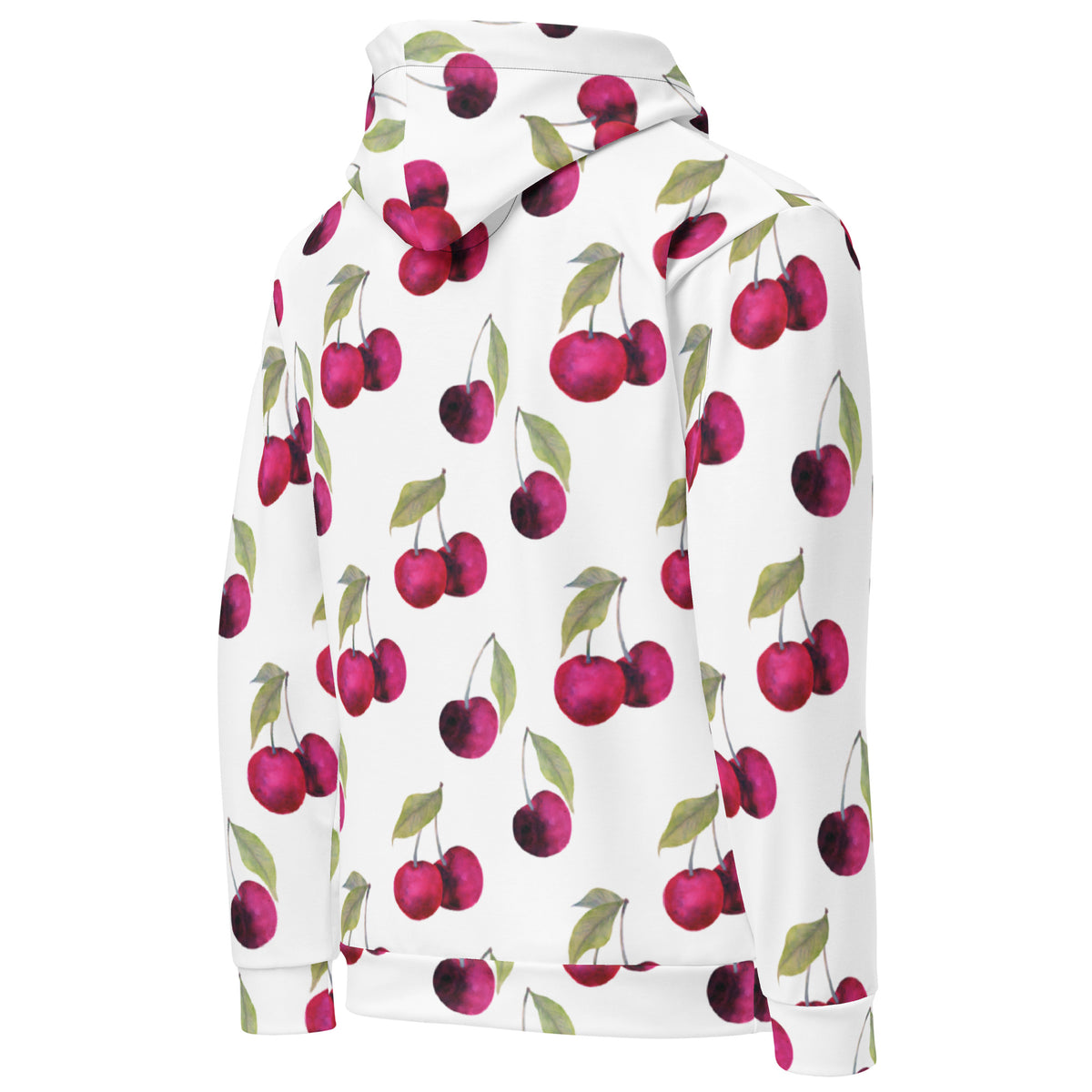Backside of a white hoodie with an all-over cherries design.