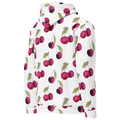 Backside of a white hoodie with an all-over cherries design.