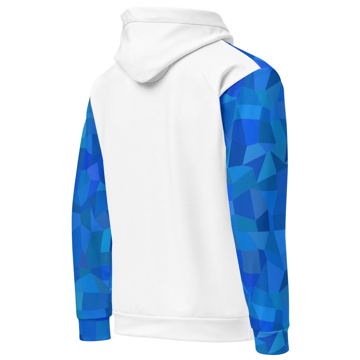 Rear view of white hoodie with blue geometric pattern on sleeves.