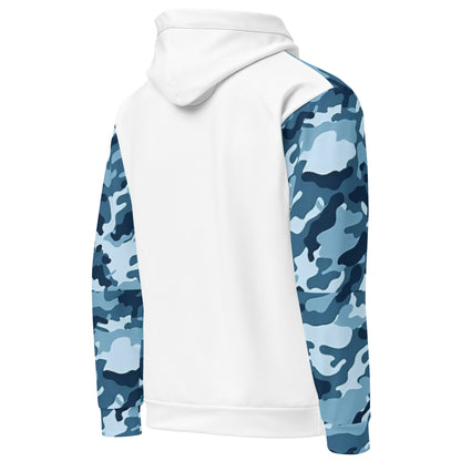 White back of hoodie. Sleeves have a navy camouflage pattern.