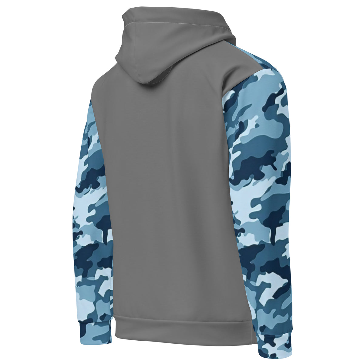 Gray back of hoodie. Sleeves have a navy camouflage pattern.