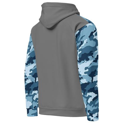 Gray back of hoodie. Sleeves have a navy camouflage pattern.