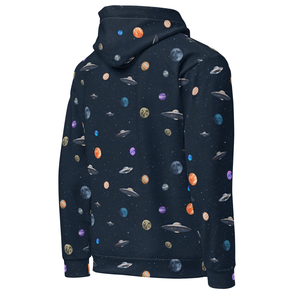 Back of hoodie with pattern of UFOs and planets in space. 