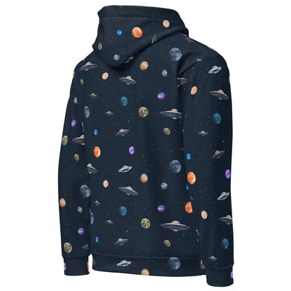 Back of hoodie with pattern of UFOs and planets in space. 
