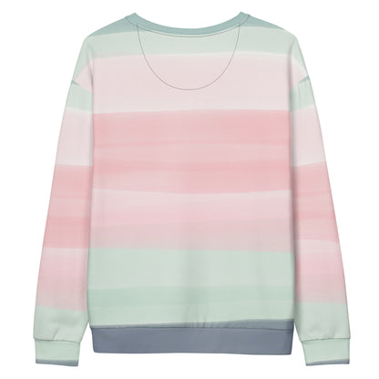 Backside of sweatshirt with colors light pastel green, shades of pink, and gray in stripes.