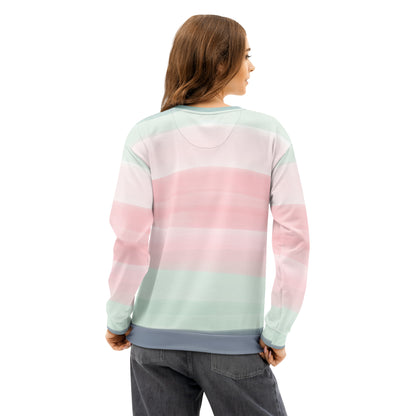 Rear view of woman wearing sweatshirt with colors light pastel green, shades of pink, and gray in stripes.