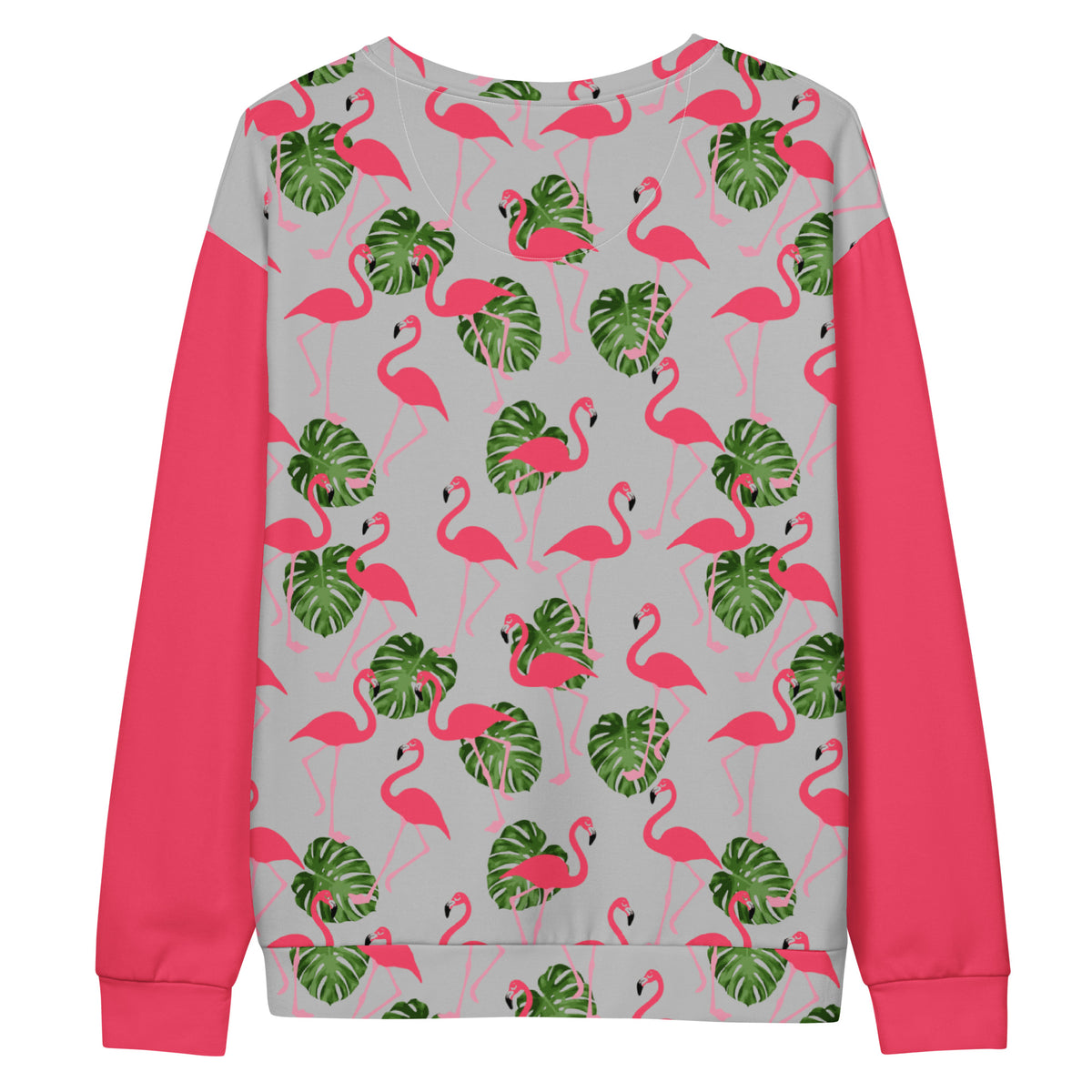 Backside of sweatshirt with an all-over flamingo design set on a gray background, with pink sleeves.
