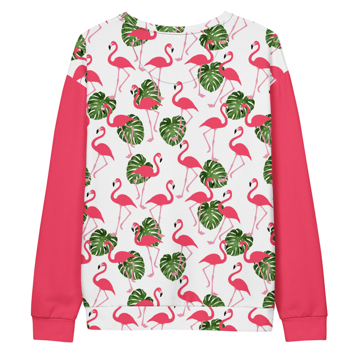 Backside of sweatshirt with an all-over flamingo design set on a white background, with pink sleeves.