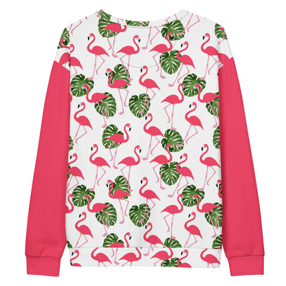 Backside of sweatshirt with an all-over flamingo design set on a white background, with pink sleeves.