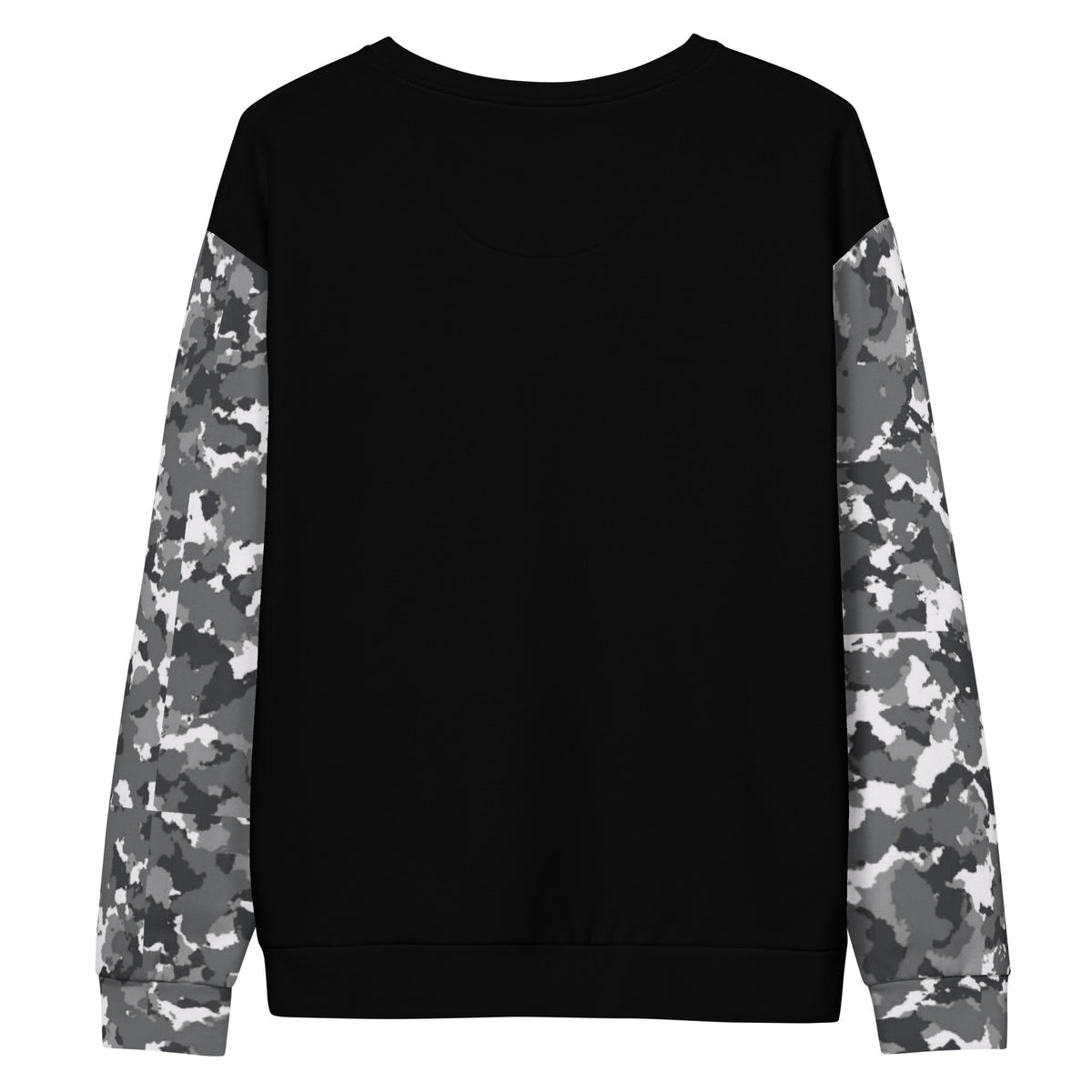 Black sweatshirt with a black-gray-white camouflage pattern on sleeves.