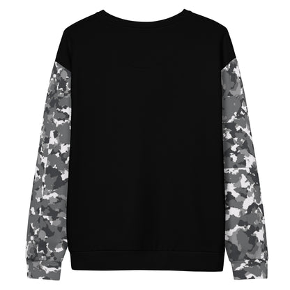 Black sweatshirt with a black-gray-white camouflage pattern on sleeves.