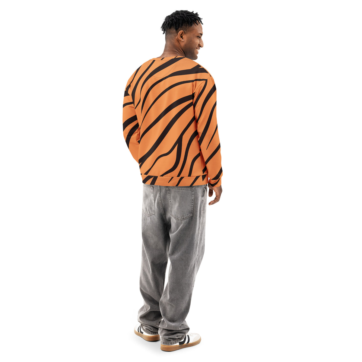 Rear view of man wearing sweatshirt with tiger-fur design.