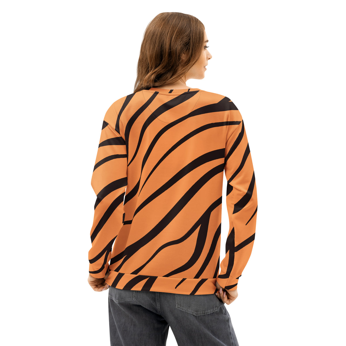Rear view of woman wearing sweatshirt with tiger-fur design.