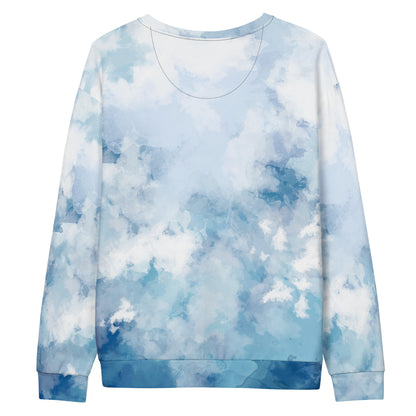 Backside of sweatshirt with a blue watercolor-style design.