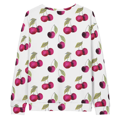Backside of a white sweatshirt with an all-over cherries design.