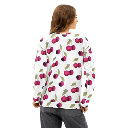 Rear view of woman wearing a white sweatshirt with an all-over cherries design.