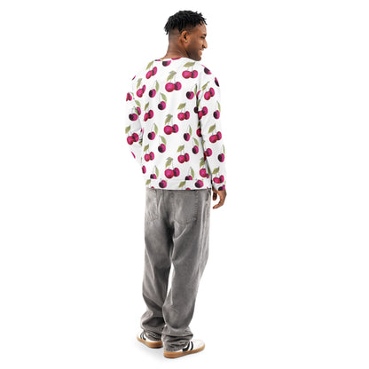 Rear view of man wearing a white sweatshirt with an all-over cherries design.