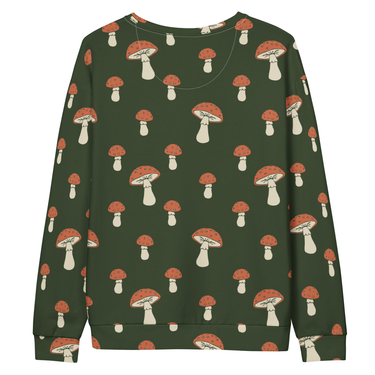 Backside of forest-green sweatshirt with an all-over mushroom pattern.