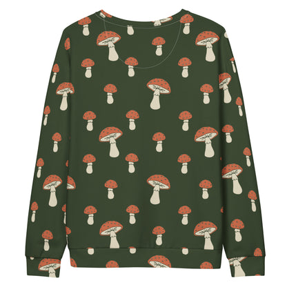 Backside of forest-green sweatshirt with an all-over mushroom pattern.