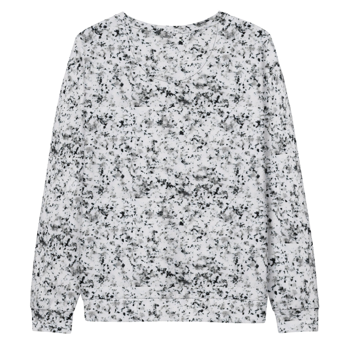 Backside of a white sweatshirt with black splotches, resembling a marble countertop. Across the chest is a black rectangle with 'breeze apparel' written in white.
