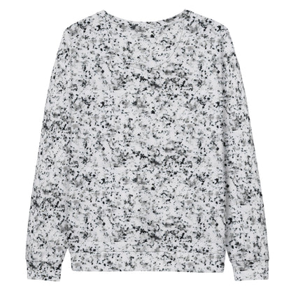 Backside of a white sweatshirt with black splotches, resembling a marble countertop. Across the chest is a black rectangle with 'breeze apparel' written in white.