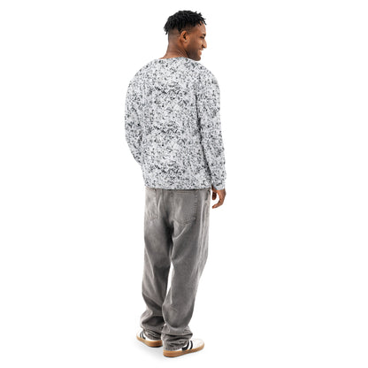 Rear view of a man wearing a white sweatshirt with black splotches, resembling a marble countertop. Across the chest is a black rectangle with 'breeze apparel' written in white.