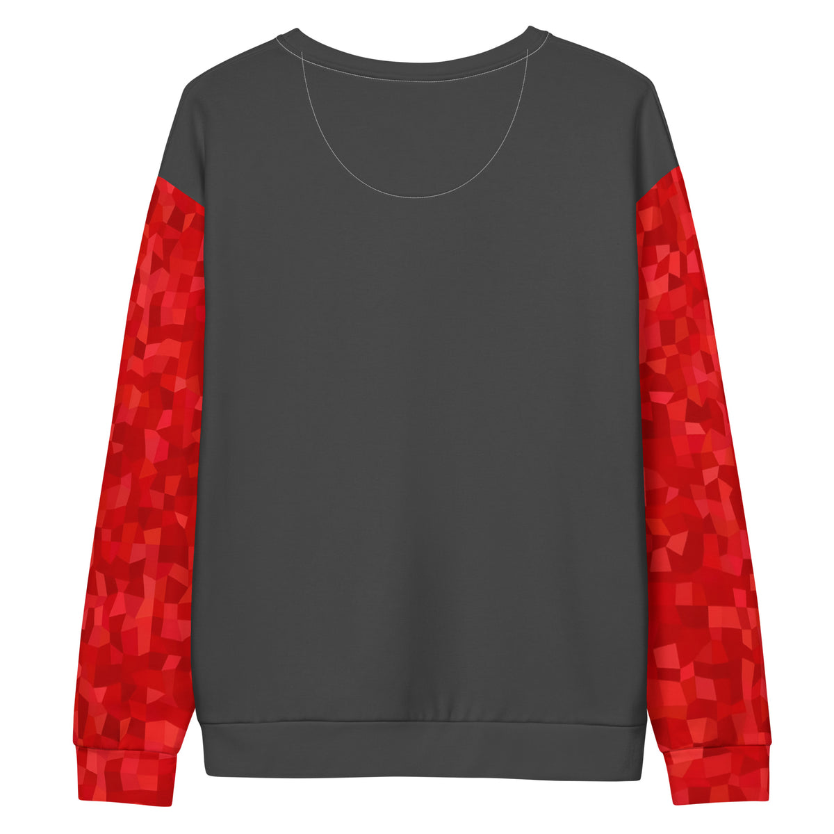 Backside of dark-gray sweatshirt with red geometric pattern on sleeves.