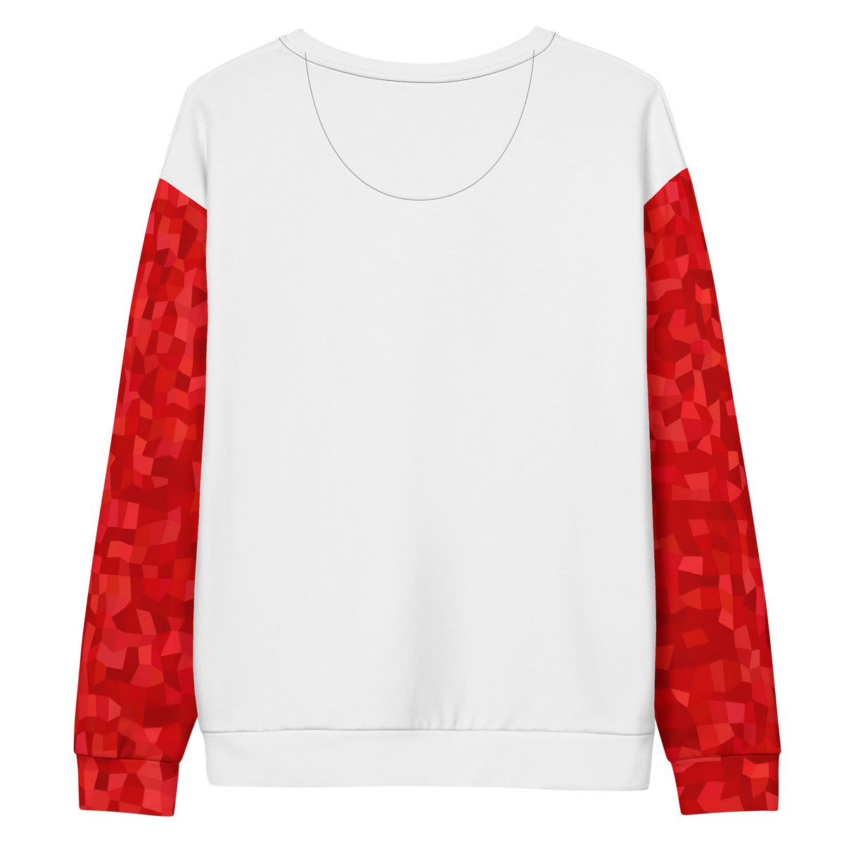 Backside of white sweatshirt with red geometric pattern on sleeves.