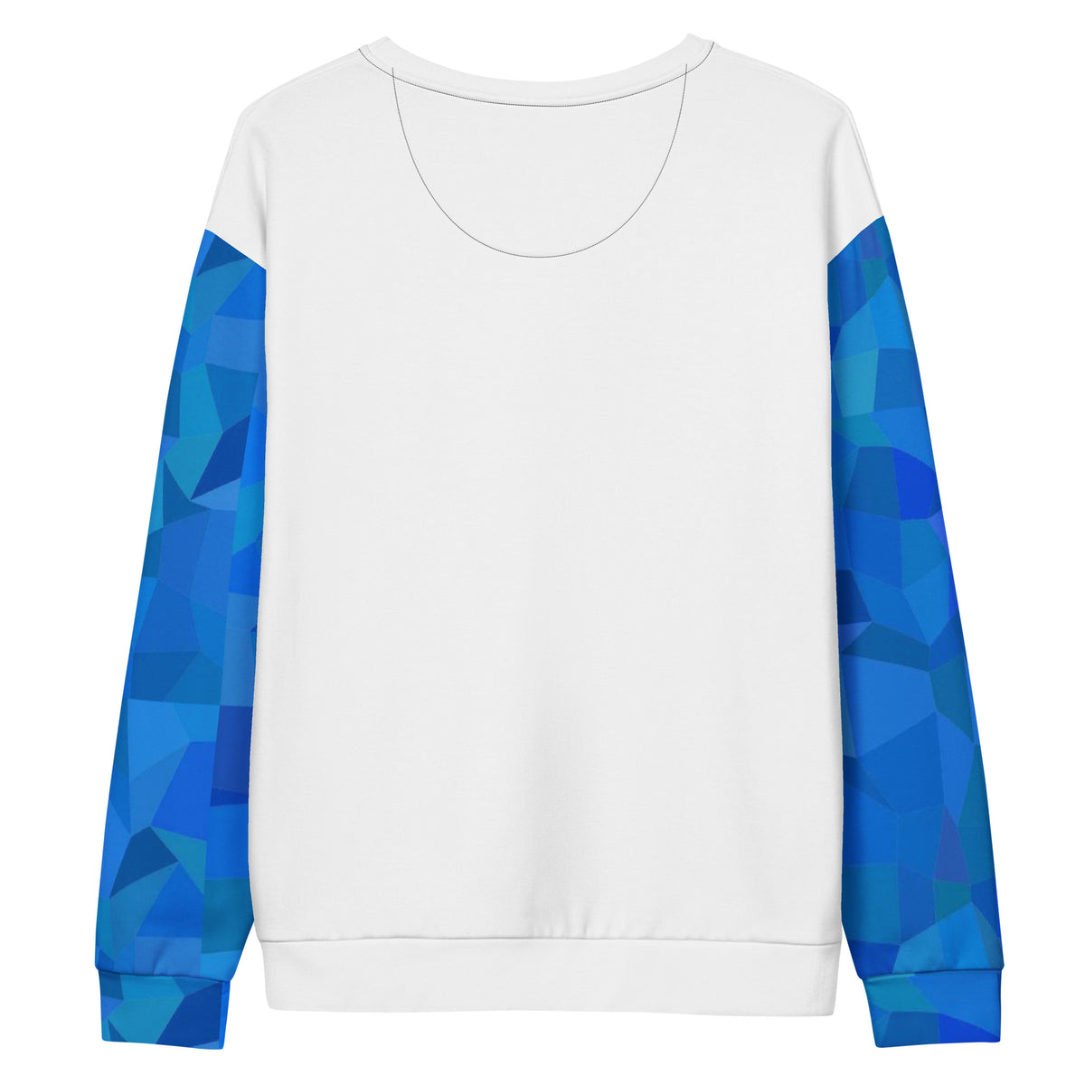 Back of white sweatshirt with blue geometric pattern on sleeves