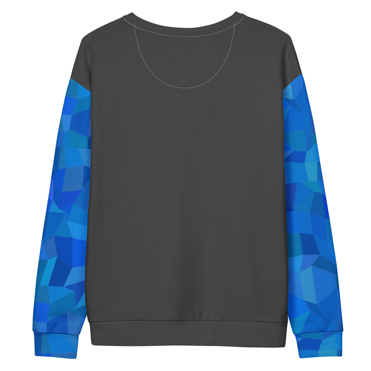 Back of dark-gray sweatshirt with blue geometric pattern on sleeves.