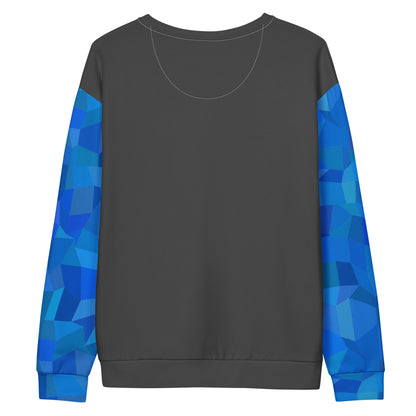 Back of dark-gray sweatshirt with blue geometric pattern on sleeves.