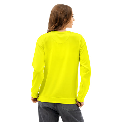 Rear view of woman wearing yellow sweatshirt.