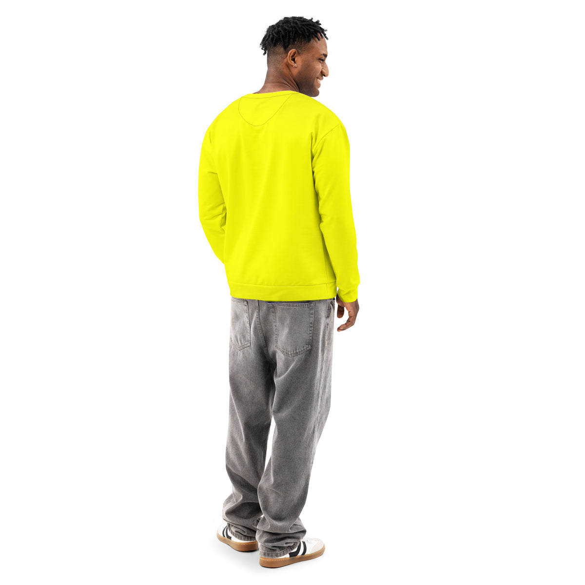 Rear view of man wearing yellow sweatshirt with 'breeze apparel' in small, black text on chest.
