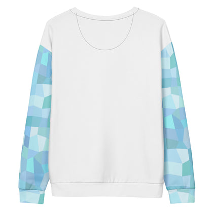 Back of white sweatshirt with cyan geometric pattern on sleeves.