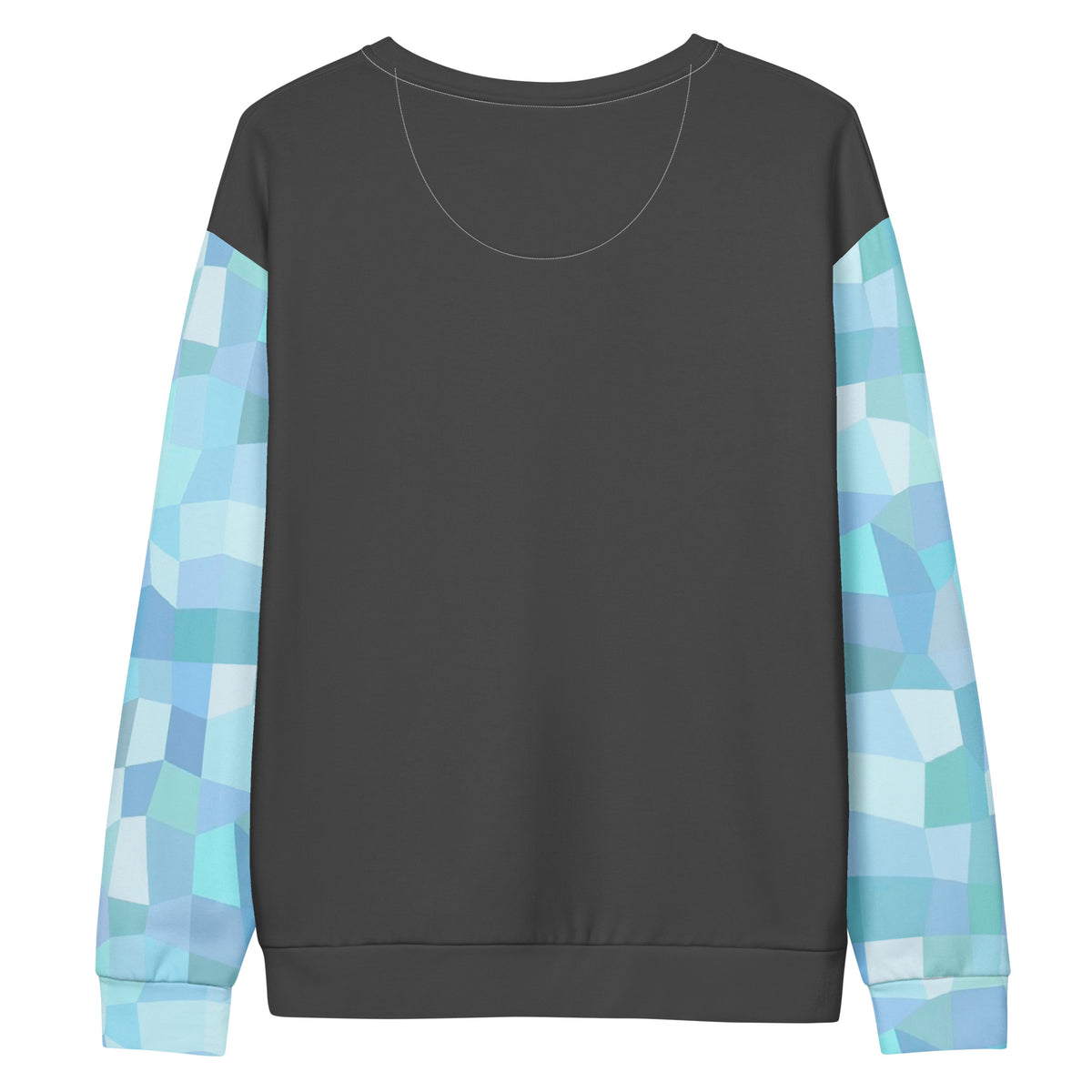 Back of dark-gray sweatshirt with cyan geometric pattern on sleeves.
