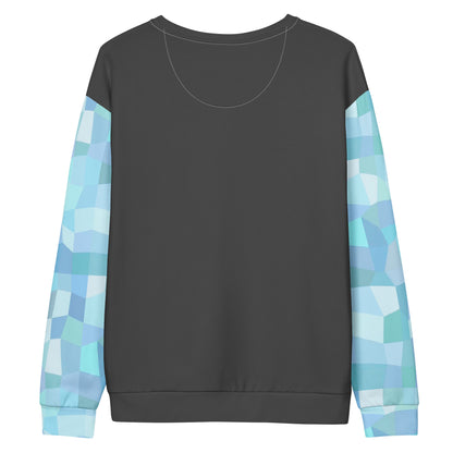 Back of dark-gray sweatshirt with cyan geometric pattern on sleeves.