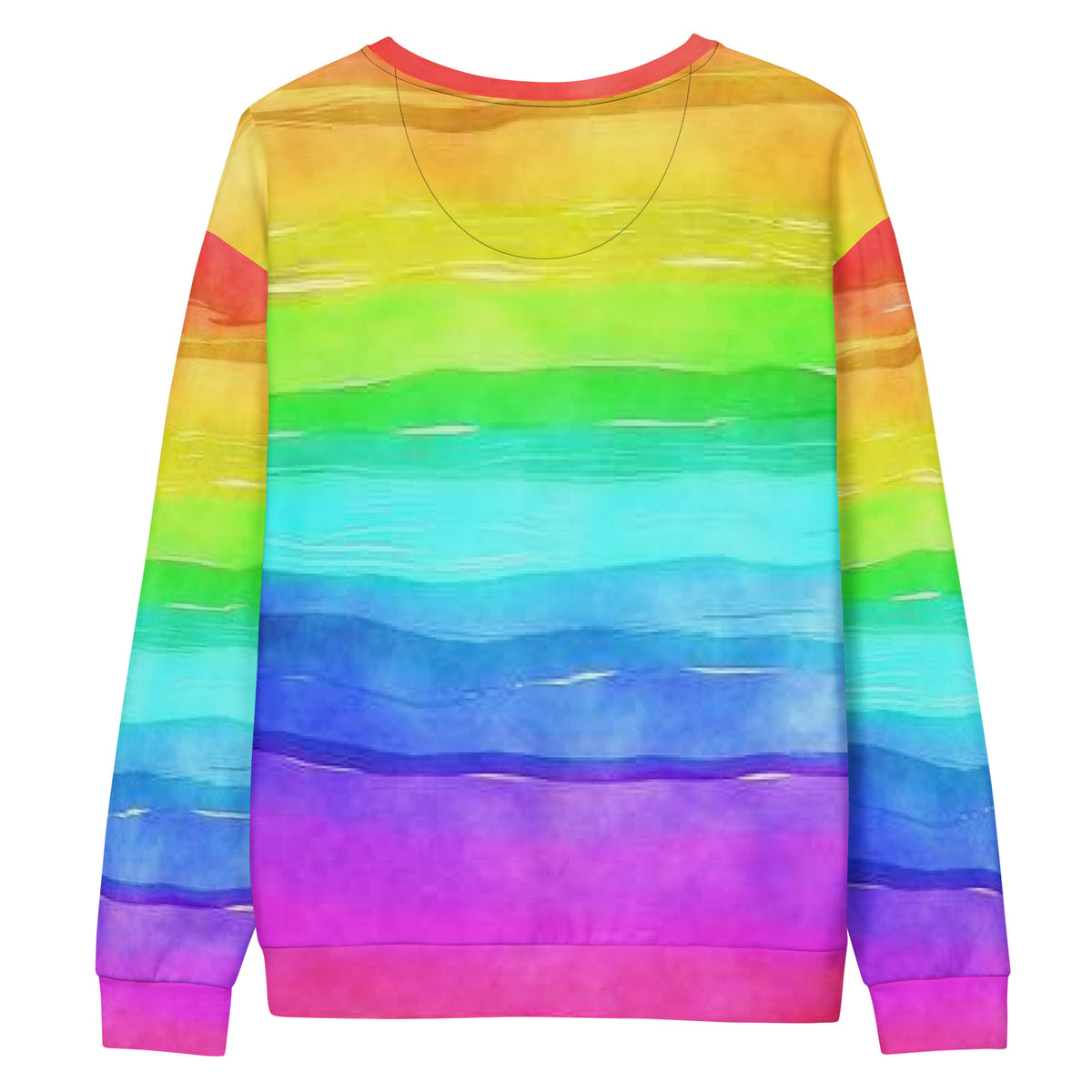 Back of sweatshirt with watercolor-rainbow design.