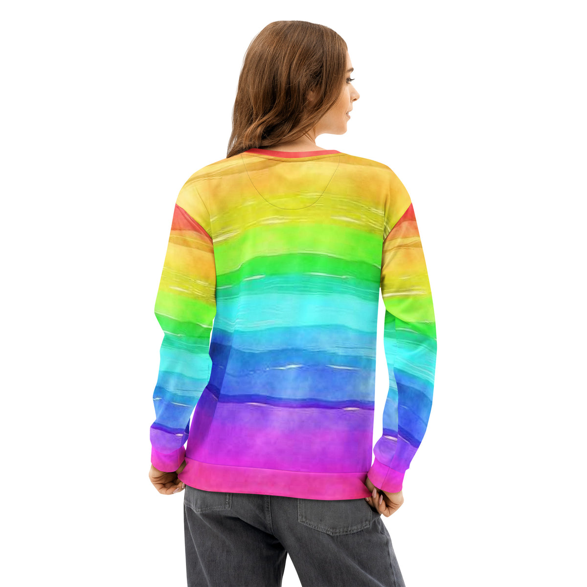 Rear view of woman wearing sweatshirt with watercolor-rainbow design.