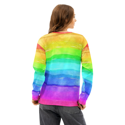 Rear view of woman wearing sweatshirt with watercolor-rainbow design.